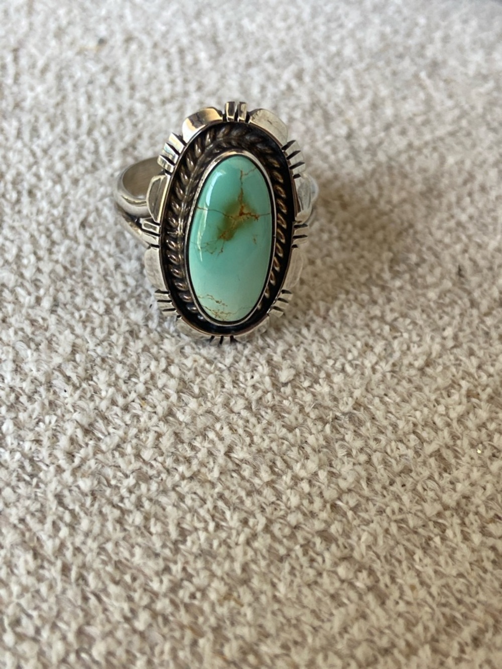 Sterling Silver Turquoise Oval Statement Ring - Light Blue Green, Navajo/signed